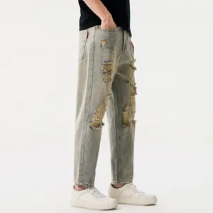 Men's Vintage Distressed Light Blue Straight Leg Cropped Jeans Casual Loose Fit Streetwear Pants