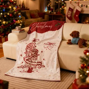 Cozy Christmas fleece blanket with tree pattern, soft flannel throw for sofa holiday decor.