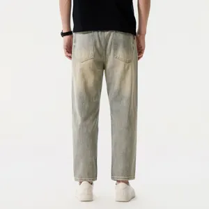 Mens vintage washed loose fit cropped straight leg denim jeans casual retro blue trousers