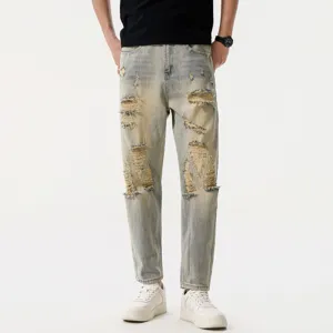 Men's Vintage Distressed Straight Leg Cropped Jeans Retro Blue Casual Denim Pants