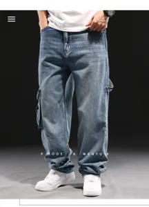 Herren lose Hip-Hop Denim Cargohose mit vielen Taschen, lässige weite Beinhosen.