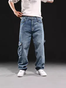 Jeans Cargo da Uomo Hip Hop Larga Gamba Larga Casual Denim Lavato Pantaloni Lunghi Taglie Forti Streetwear