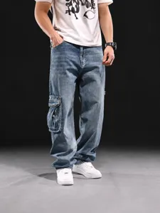Pantaloni cargo larghi in denim da uomo stile hip hop gamba larga con tasche multiple.