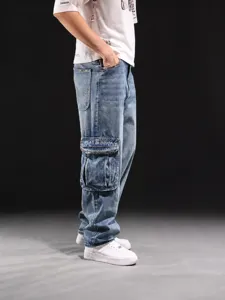 Jeans cargo uomo vestibilità larga stile hip hop casual multitasche pantalone azzurro chiaro