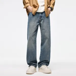 Unisex Retro High Street Lavato Blu Scuro Largo Dritto Gamba Larga Mopping Jeans Casual Pantaloni in Denim Misto Cotone