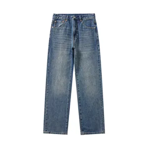 Jeans in denim blu scuro slavato in stile retro americano dritti e larghi per l'autunno.