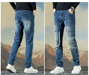 Vaqueros patchwork azules de hombre con multibolsillos, estilo biker con flecos recto slim.