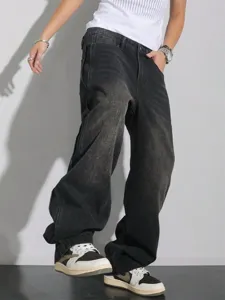 Men's baggy washed black denim jeans, high street style oversized loose straight trousers for men.
