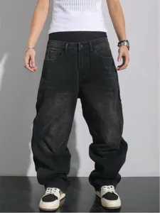 Detail view of men's vintage washed black wide leg baggy streetwear jeans for daily wear.