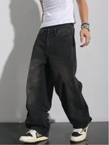 Detail view of men's loose washed black denim jeans, high street wide leg streetwear.