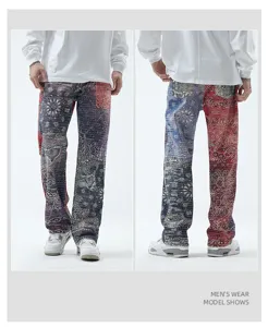 Men's loose fit straight leg paisley print denim jeans casual hip hop streetwear pants