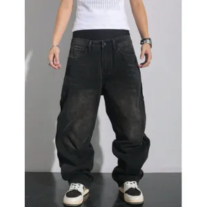 Men baggy washed black denim jeans, high street oversized wide leg trousers for casual wear.