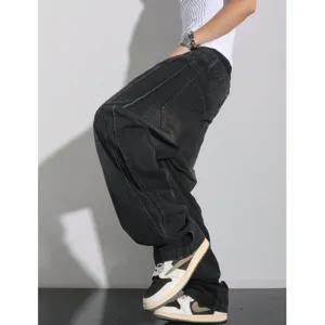 Men's black loose wide-leg jeans high street oversized denim trousers for casual daily wear