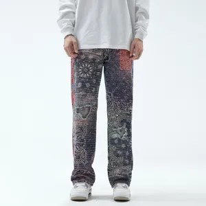 Men's Hip Hop Casual Loose Straight Leg Jeans Vintage Paisley Printed Denim Pants Streetwear Fashion Long Trousers