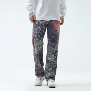 Men's loose straight paisley print denim jeans, vintage hip-hop streetwear style casual long pants.
