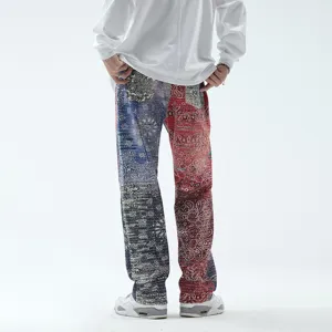 Men's loose straight casual hip-hop jeans with vibrant digital paisley bandana patchwork.