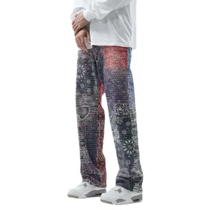 Men's loose straight leg casual trousers with vintage digital paisley patchwork hip-hop style