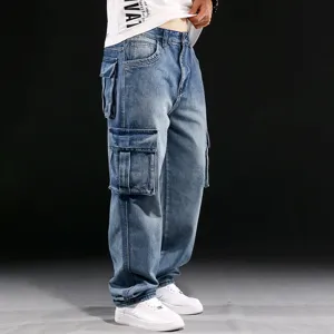Men's loose fit cargo denim jeans, heavyweight American style multi-pocket straight leg pants.