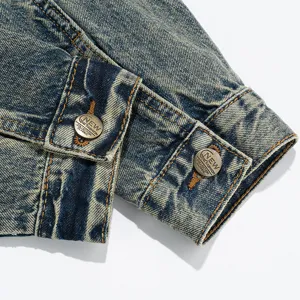 Herren Vintage Jeansjacke langarm Freizeit Streetwear Retro gewaschene blaue Jacke Bündchendetail
