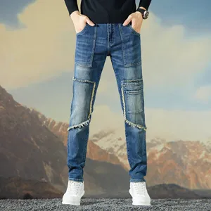 Vaqueros de Mezclilla Casual para Hombre Multibolsillos Patchwork Borde Sin Pulir Pantalón Recto Elástico Streetwear Moto Denim