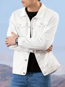 Men's white denim jacket detail, classic lapel design, metal button closure, versatile casual style.