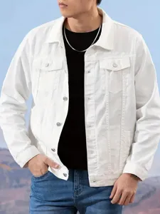 Close-up view of a stylish mens white denim jacket featuring classic button closure and lapel.