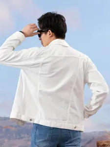 Men's stylish white denim jacket with long sleeves and classic lapel for casual daily wear.