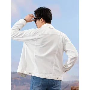 Men white denim jacket casual solid long sleeve outerwear stylish basic vintage coat top