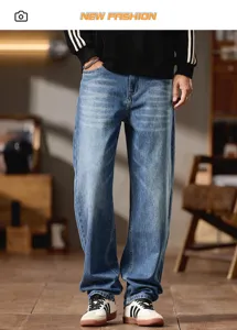 Jeans de mezclilla de corte recto y holgado retro para hombres, pantalón vintage casual.