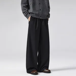 Mens winter wool wide leg trousers casual pleated business suit pants straight long trousers