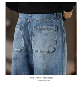 Jeans de mezclilla rectos holgados vintage para hombre azul lavado casual detalle