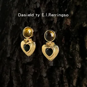 Retro Occhio di Tigre Naturale Zircone Cuore Orecchini Pendenti Vintage Placcato Oro Geometrico Gioielli da Orecchio per Donna Regalo