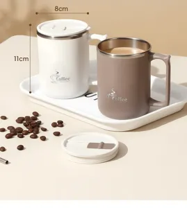 Edelstahl Kaffeetasse mit doppelwandiger Isolierung, dichtem Deckel und Tablett, 11cm.