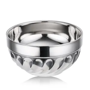 Stainless steel double wall insulated bowl, thickened thermal metal tableware for kitchen use.