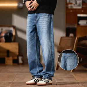 Hombres Casual Suelto Recto Vaqueros Vintage Lavado Denim Pantalones Streetwear Retro Mezcla Algodón Largo