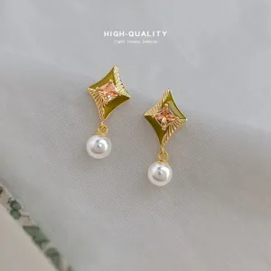 Orecchini a Rombo in Smalto Con Zirconia E Perla Artificiale per Donna Gioielli di Moda Placcati in Oro Regalo Accessori