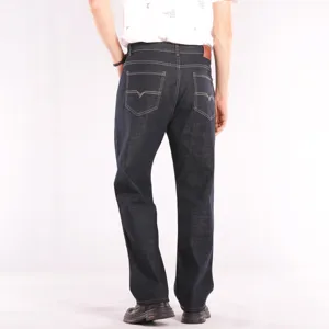 Men plus size loose straight fit stretch denim jeans casual classic dark blue trousers