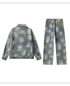 Hommes vintage high street détruit jacquard jean veste et pantalon ensemble streetwear