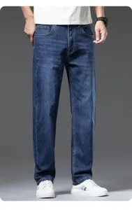 Men straight stretch denim jeans summer thin casual trousers fashion ankle length pants