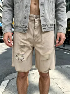 Short en jean homme vintage dechire high street decontracte lave bord franc