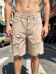 Short en denim dechire homme style de rue decontracte kaki tendance d'ete neuf