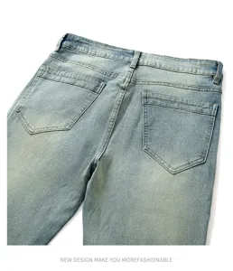 Jean denim biker slim fit stretch rétro pour homme, vue détaillée des poches arrière.