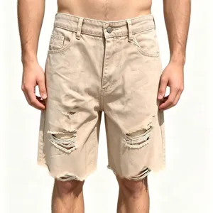 Short en denim déchiré pour homme été streetwear coupe ample ourlet brut bermuda casual