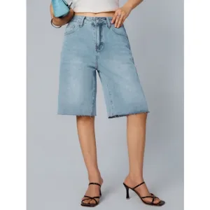 Shorts en Denim Décontracté pour Femmes Taille Haute Bord Brut Shorts d'Été Mélange de Coton