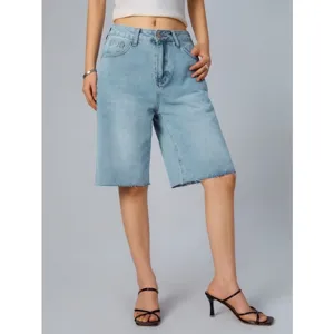 Femme short en jean bleu clair decontracté ourlet brut bermuda mode vêtements d'été