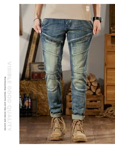 Vaqueros de hombre vintage desgastados corte slim elásticos pantalones de moto con cremallera