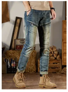 Hombre retro slim elastico moto vaqueros efecto desgastado patchwork cremallera pantalon
