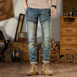 Pantalones Vaqueros Elásticos de Corte Slim Retro para Hombre Pantalones de Mezclilla Casuales de Motocicleta con Bolsillos de Cremallera