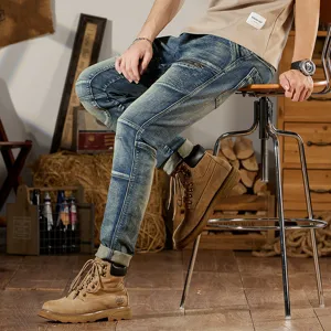 Vaqueros vintage de moto slim stretch para hombre con patchwork de cremallera otoño