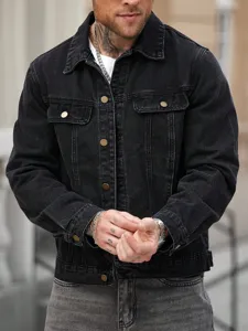 Men's Casual Denim Jacket American Style Solid Color Lapel Long Sleeve Cotton Outerwear Regular Fit Fashion Coat